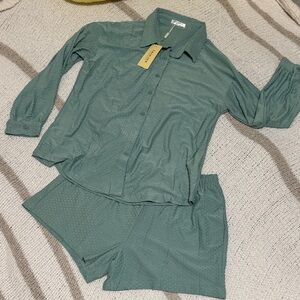 Women's Green Button-Up Pajama Set with Shorts
